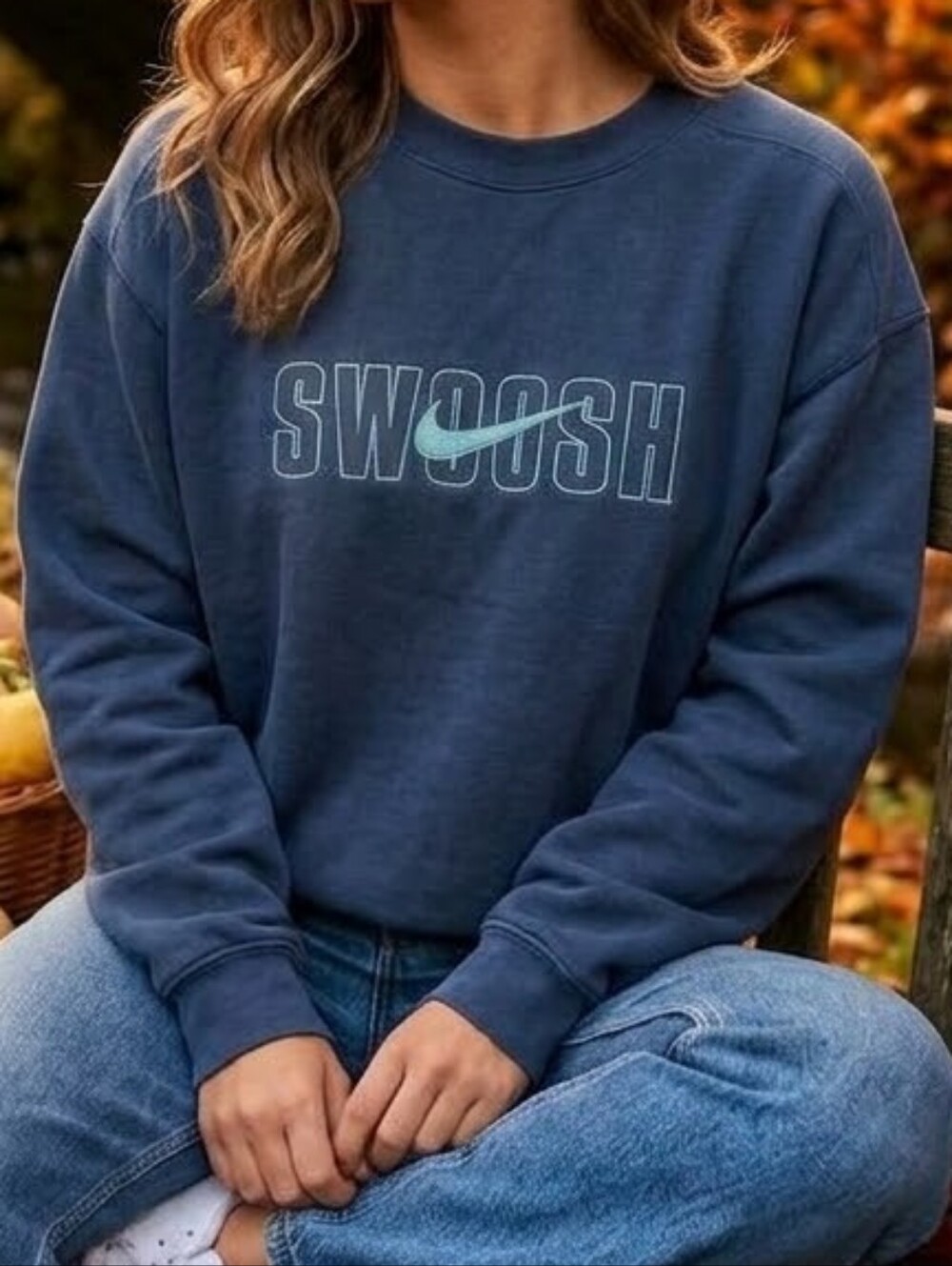 Vintage Nike Navy Crewneck Sweatshirt with Contrasting SWOOSH Outline